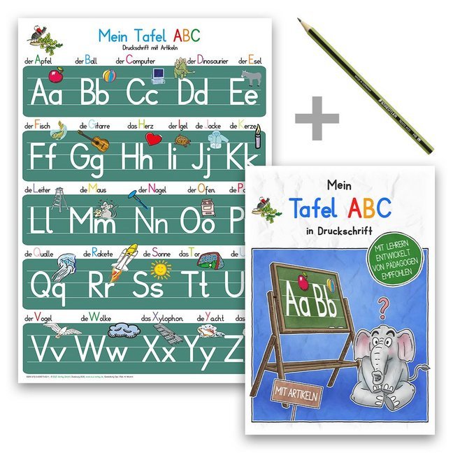 Mein Tafel-ABC Druckschrift Lernposter DIN A4 + Schreiblernheft DIN A5 auf 120g/m² Zeichenkarton + Staedler Bleistift, 3 Teile main product photo