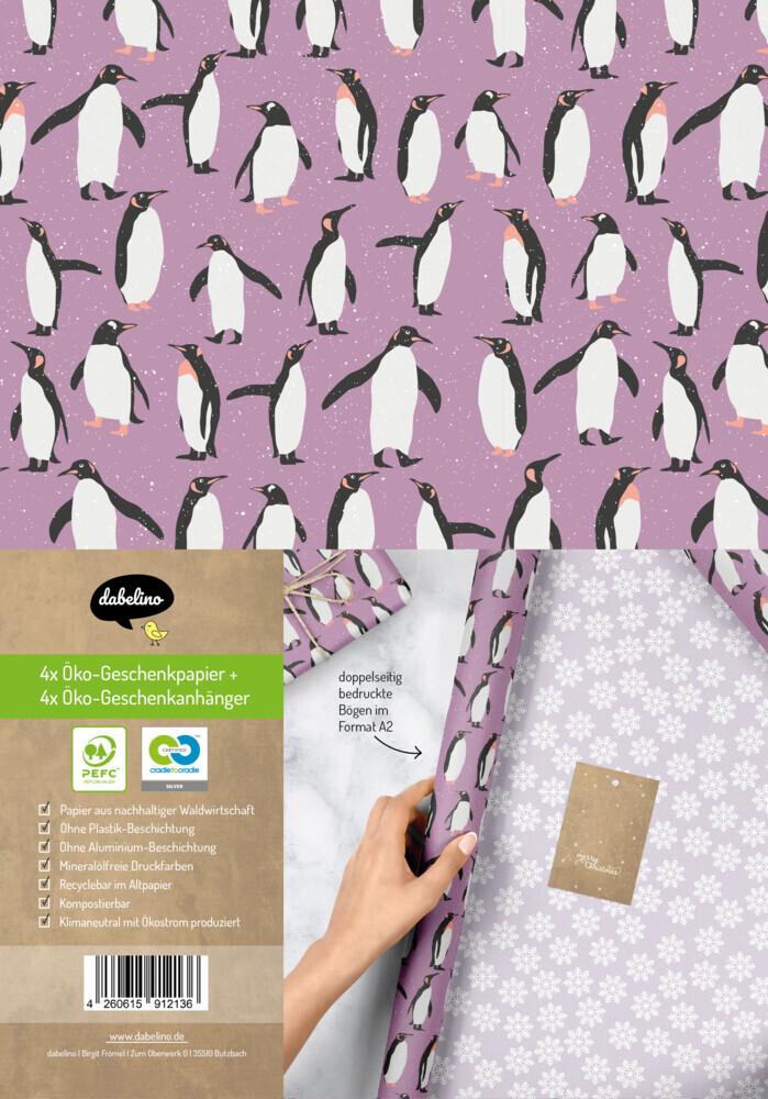 Geschenkpapier Set Weihnachten: Pinguine (lila, weiß) für Kinder main product photo