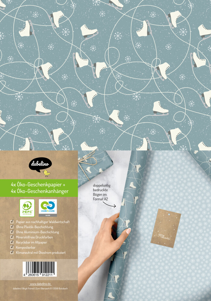 Geschenkpapier Set Weihnachten: Schlittschuhe (blau) für Kinder und Erwachsene main product photo