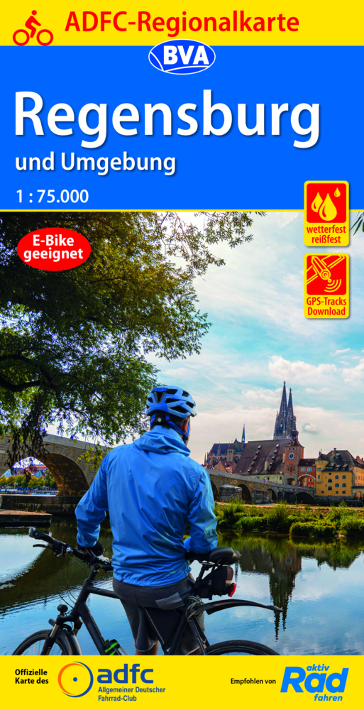 ADFC-Regionalkarte Regensburg und Umgebung mit Tagestouren-Vorschlägen, 1:75.000, reiß- und wetterfest, GPS-Tracks Download main product photo