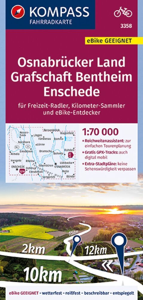 KOMPASS Fahrradkarte 3358 Osnabrücker Land, Grafschaft Bentheim, Enschede 1:70.000 main product photo