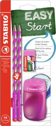 Schul-Set für Rechtshänder - STABILO EASYgraph S in pink - inklusive Spitzer + Radierer