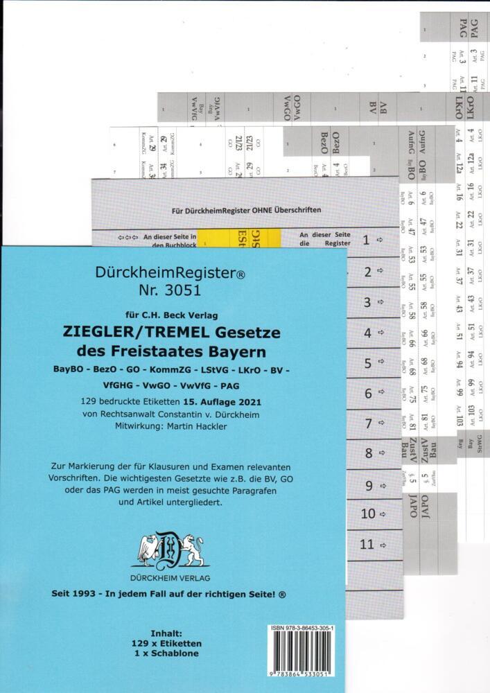 DürckheimRegister® ZIEGLER TREMEL Gesetze Freistaat Bayern SW, OHNE Stichworte main product photo
