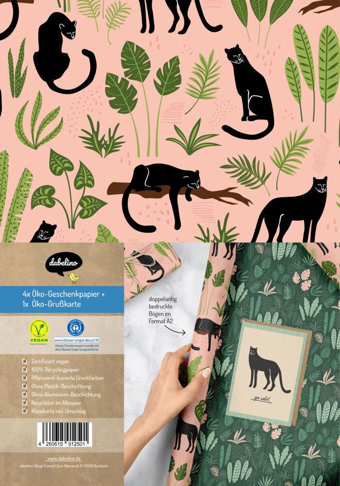 Geschenkpapier-Set: Panther (vegan, Blauer Engel, Recyclingpapier) main product photo