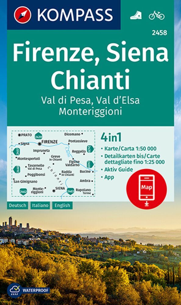 KOMPASS Wanderkarte 2458 Firenze, Siena, Chianti, Val di Pesa, Val d'Elsa, Monteriggioni 1:50.000 main product photo