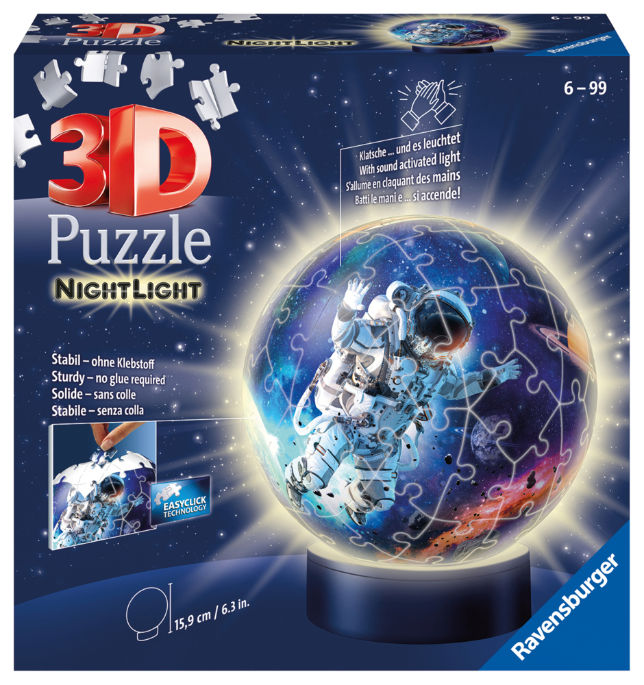 Ravensburger 3D Puzzle 11264 - Nachtlicht Puzzle-Ball Astronauten im Weltall - 72 Teile - ab 6 Jahren, LED Nachttischlampe mit Klatsch-Mechanismus main product photo