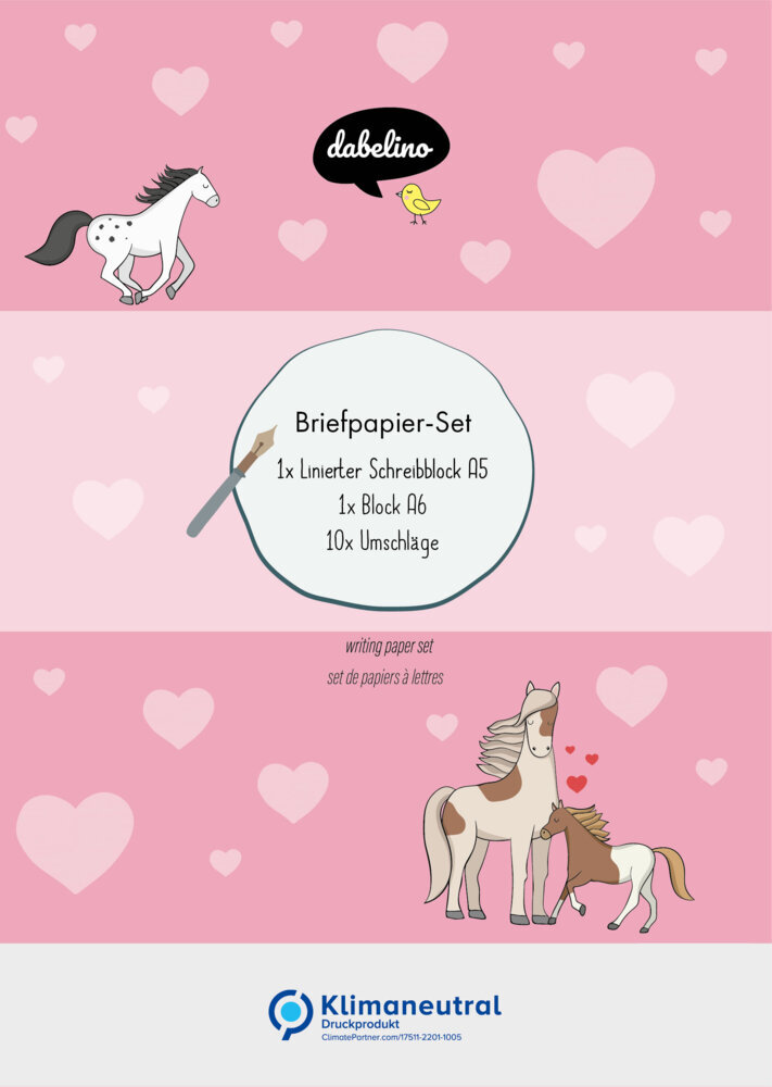 Liniertes Briefpapier-Set für Kinder: Pferde/ Ponys (rosa mit Herzen, Mädchen) main product photo