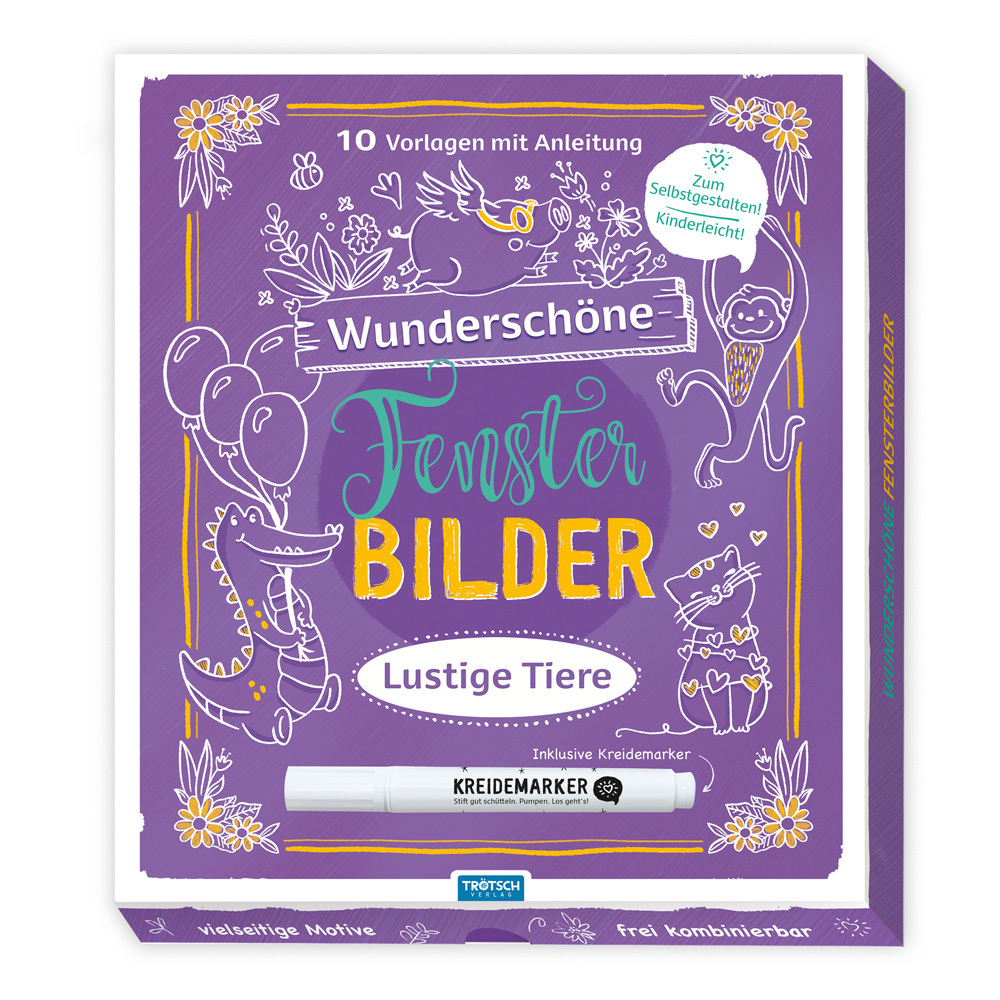 Trötsch Wunderschöne Fensterbilder mit Kreidemarker Mappe mit Vorlagen und Kreidemarker Lustige Tiere main product photo
