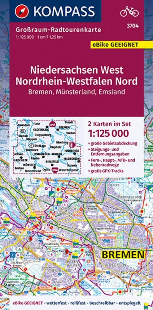 KOMPASS Großraum-Radtourenkarte 3704 Niedersachsen West, Nordrhein-Westfalen Nord, 1:125.000 main product photo
