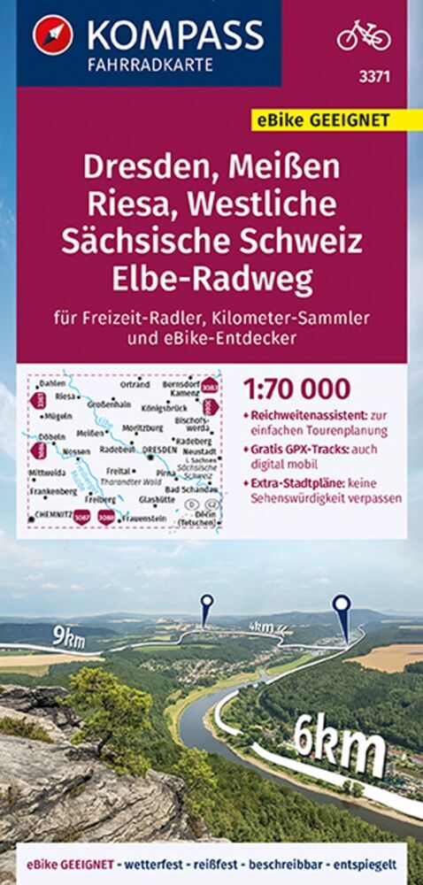 KOMPASS Fahrradkarte 3371 Dresden, Meißen, Westliche Sächsische Schweiz 1:70.000 main product photo