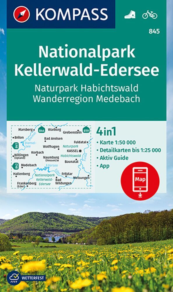 KOMPASS Wanderkarte 845 Nationalpark Kellerwald-Edersee, Naturpark Habichtswald, Wanderregion Medebach 1:50.000 main product photo