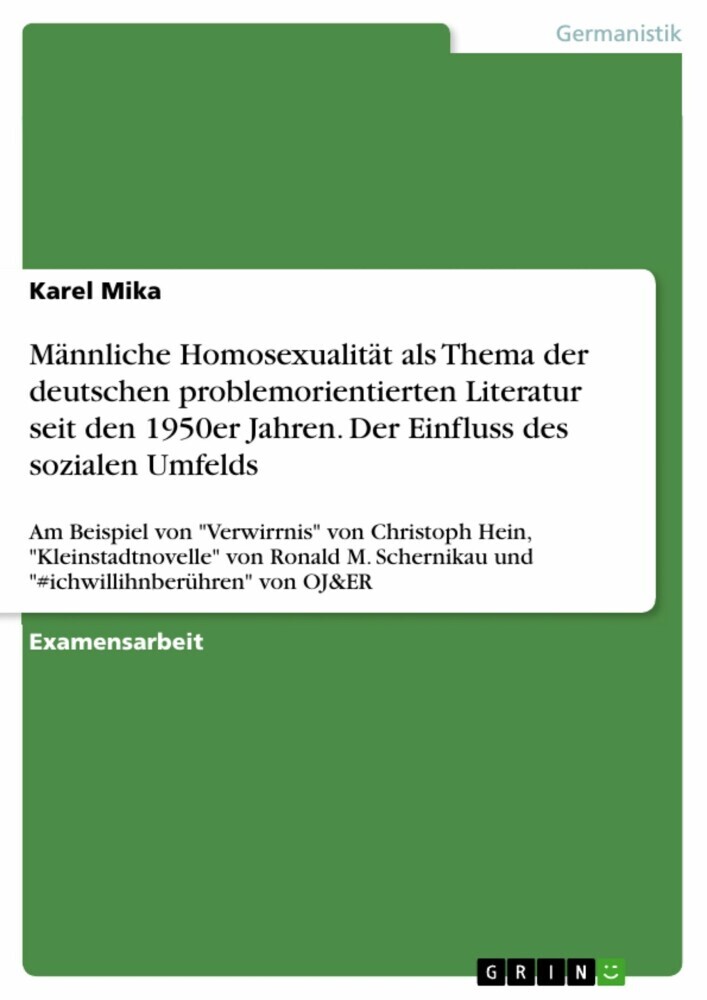 Männliche Homosexualität als Thema der deutschen problemorientierten Literatur seit den 1950er Jahren. Der Einfluss des sozialen Umfelds main product photo
