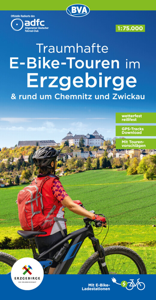 ADFC-Regionalkarte Traumhafte E-Bike-Touren im Erzgebirge, 1:75.000, mit Tagestourenvorschlägen, reiß- und wetterfest, GPS-Tracks Download main product photo