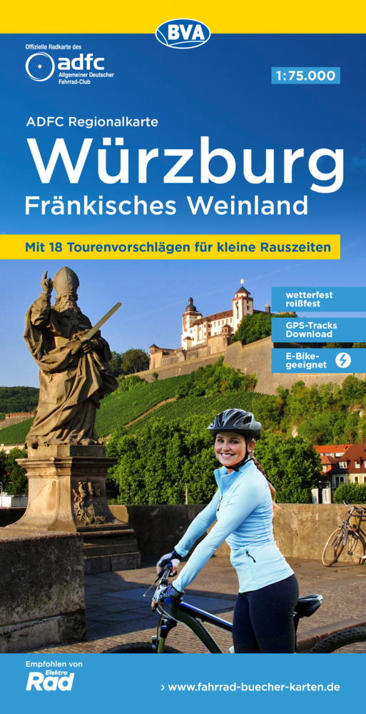 ADFC-Regionalkarte Würzburg Fränkisches Weinland, 1:75.000, mit Tagestourenvorschlägen, reiß- und wetterfest, E-Bike-geeignet, GPS-Tracks Download main product photo