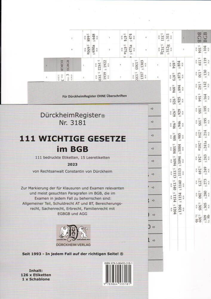 DürckheimRegister® BGB - 111 WICHTIGE §§ im BGB main product photo