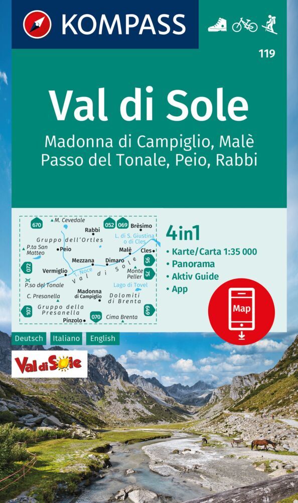 KOMPASS Wanderkarte 119 Val di Sole, Madonna di Campiglio, Malè, Passo del Tonale, Peio, Rabbi 1:35.000 main product photo