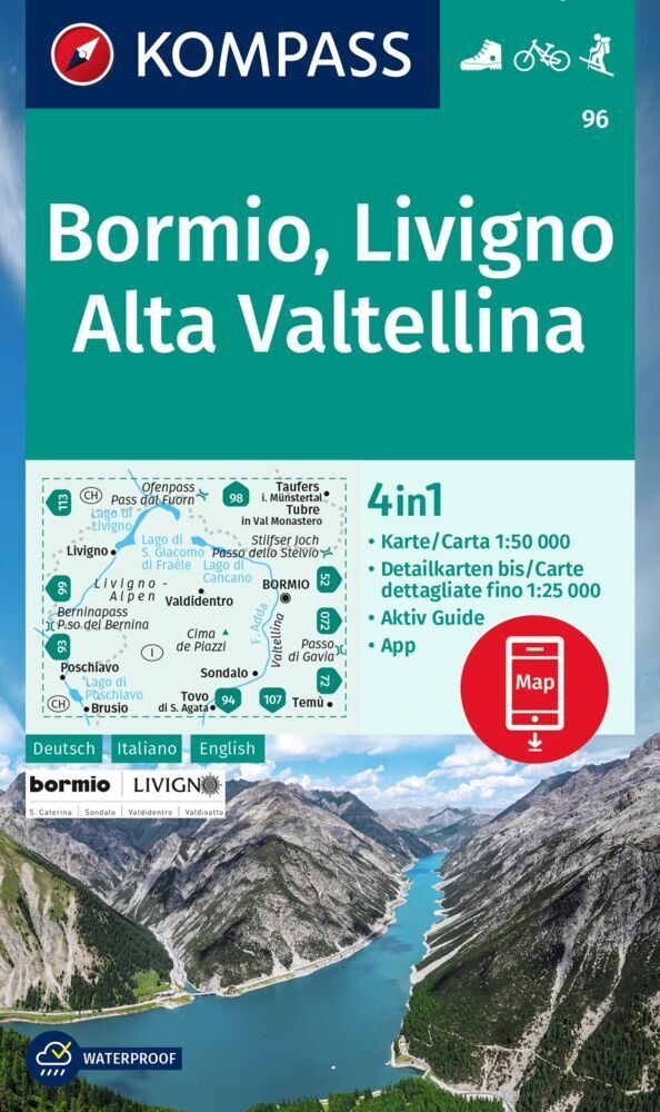 KOMPASS Wanderkarte 96 Bormio, Livigno, Alta Valtellina 1:50.000 main product photo