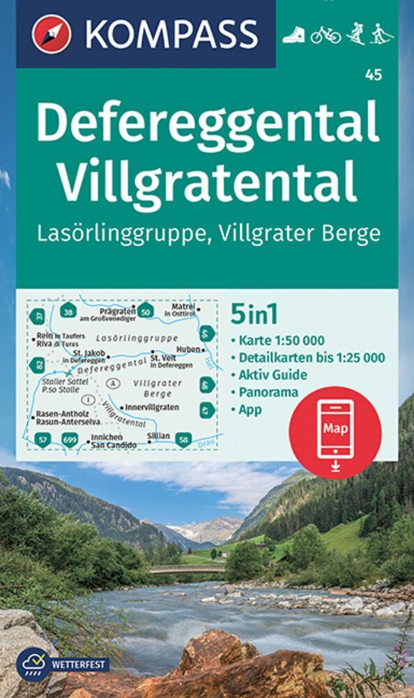 KOMPASS Wanderkarte 45 Defereggental, Villgratental, Lasörlinggruppe, Villgrater Berge 1:50.000 main product photo