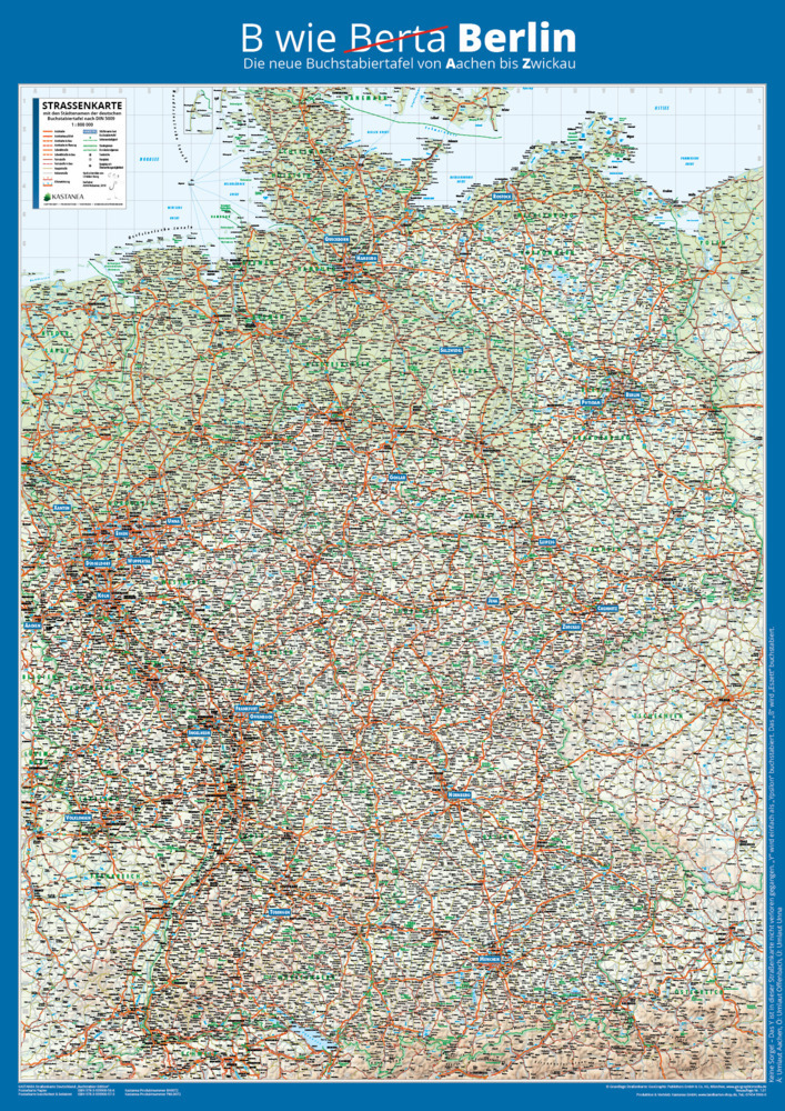 Kastanea Buchstabier-Straßenkarte Deutschland nach DIN 5009, DIN A0 (84 x 119 cm), Papierkarte gerollt main product photo