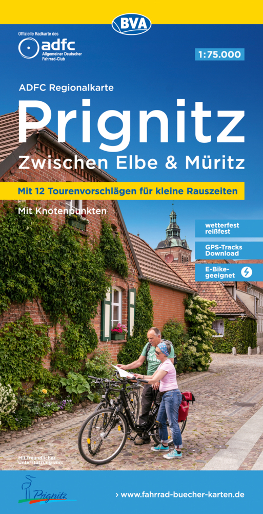 ADFC-Regionalkarte Prignitz, 1:75.000, mit Tagestourenvorschlägen, reiß- und wetterfest, E-Bike-geeignet, mit Knotenpunkten, GPS-Tracks Download, main product photo