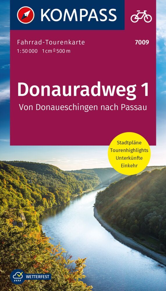 KOMPASS Fahrrad-Tourenkarte Donauradweg 1, von Donaueschingen nach Passau 1:50.000 main product photo