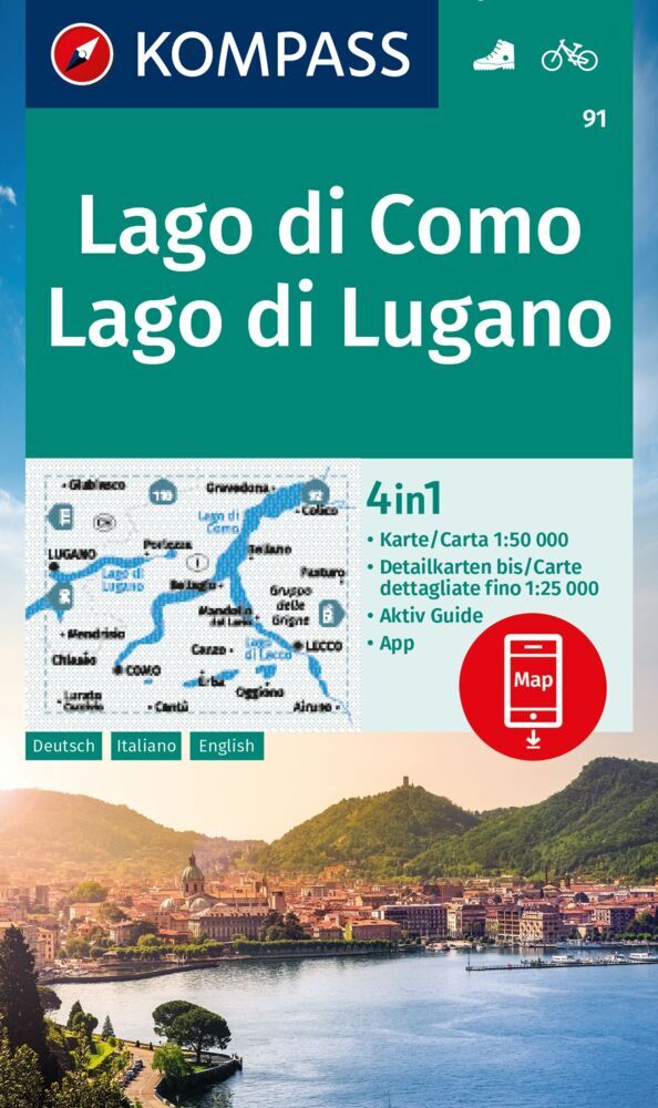 KOMPASS Wanderkarte 91 Lago di Como, Lago di Lugano 1:50.000 main product photo