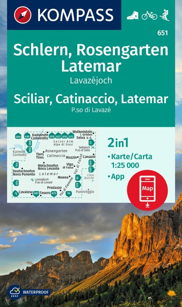 KOMPASS Wanderkarte 651 Schlern, Rosengarten, Latemar, Lavazejoch / Sciliar, Catinaccio, Latemar, Passo di Lavaze 1:25.000 main product photo