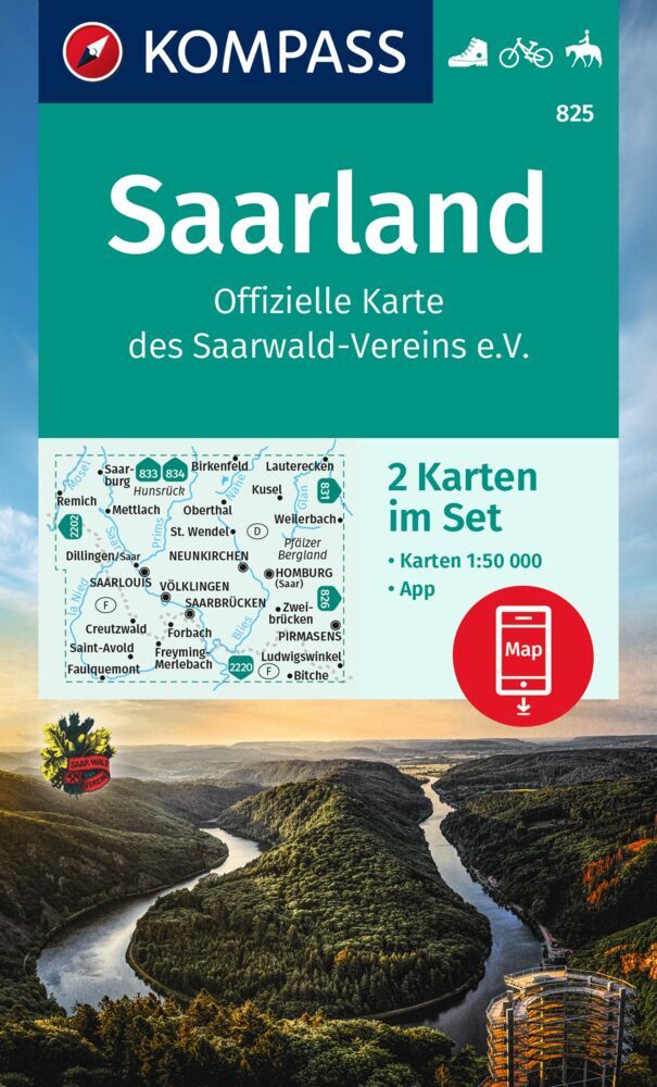 KOMPASS Wanderkarten-Set 825 Saarland, Offizielle Karte des Saarwald-Vereins e.V. (2 Karten) 1:50.000 main product photo