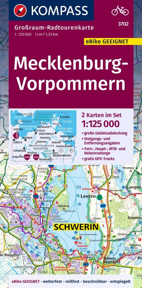 KOMPASS Großraum-Radtourenkarte 3702 Mecklenburg-Vorpommern, 1:125.000 main product photo