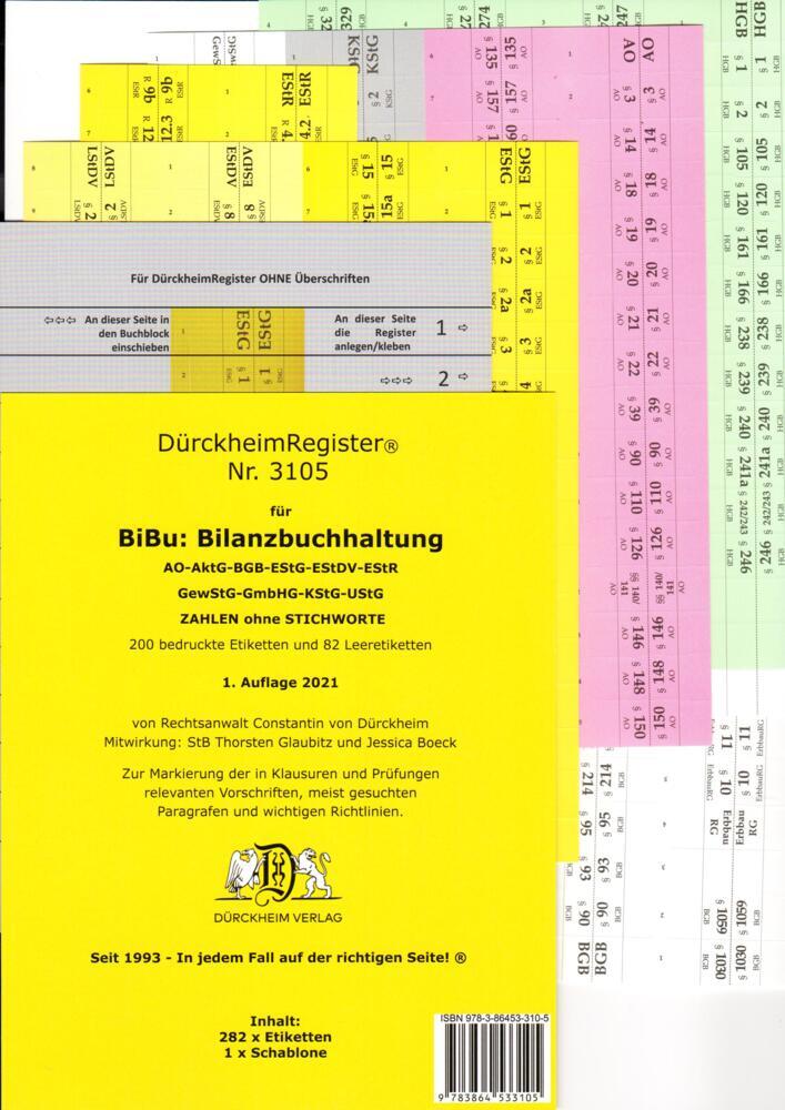 DürckheimRegister® BiBu-BilanzSteuerrecht - Wichtige Gesetze OHNE Stichworte für deine AO-AktG-BGB-EStG-EStR-GmbHG-HGB- KStG-UStG nur Zahlen und §§ main product photo