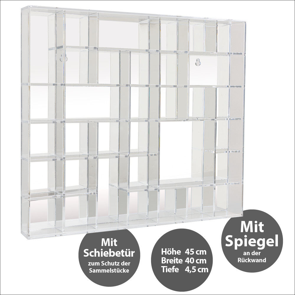 Hochwertiger Acryl-Setzkasten mit verspiegelter Rückwand und vorderer Tür zum aufschieben, kann komplett geöffnet werden. Idealer Staubschutz. Für einfache Wandmontage, wird aufbegaut geliefert main product photo