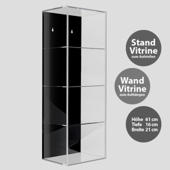 Hochwertige Acryl-Vitrine mit schwarzer Rückwand und 4 Ebenen. Einschub an der Vorderseite kann komplett geöffnet werden. Wahlweise als Stand-oder Wandvitrine zu verwenden, wird aufgebaut geliefert