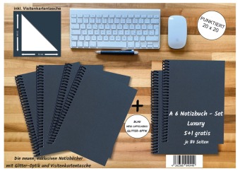 A 6 Notizbuch - Set, 4+2 gratis, Luxury 80 Seiten BLAU NEW LAPISLAZULI GLITTER-OPTIK, punktiert 20x20mm