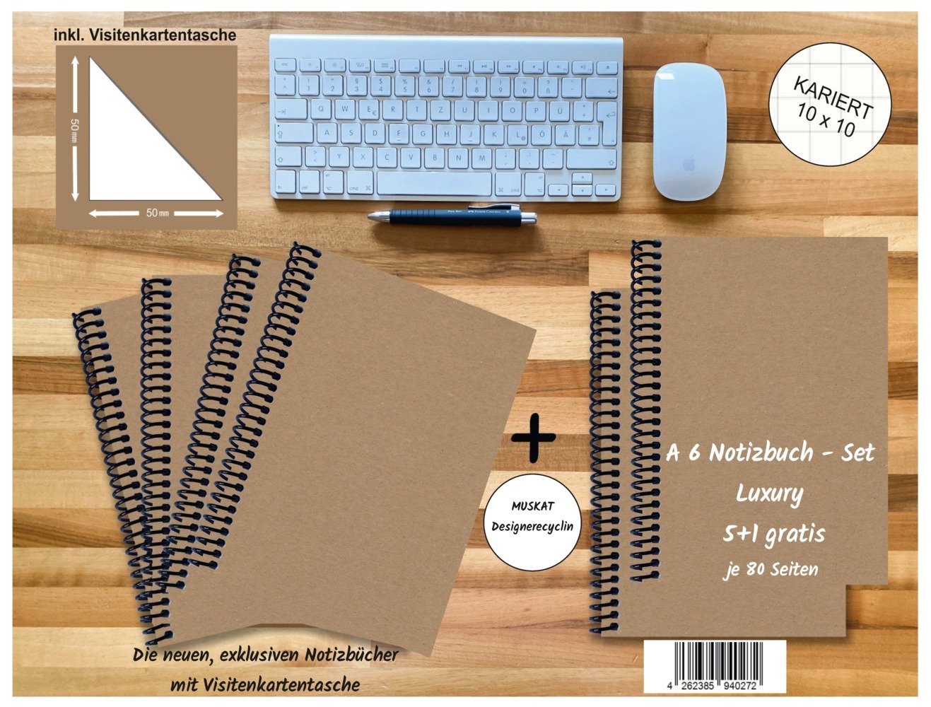 A 6 Notizbuch - Set, 4+2 gratis, Luxury 80 Seiten MUSKAT Designerecycling, kariert 10x10mm main product photo