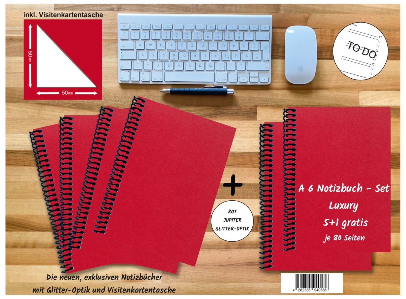 A 6 Notizbuch - Set, 4+2 gratis, Luxury 80 Seiten ROT JUPITER GLITTER-OPTIK, to do main product photo