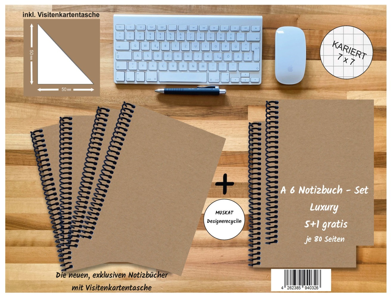 A 6 Notizbuch - Set, 4+2 gratis, Luxury 80 Seiten MUSKAT Designerecycling, kariert 7x7mm main product photo