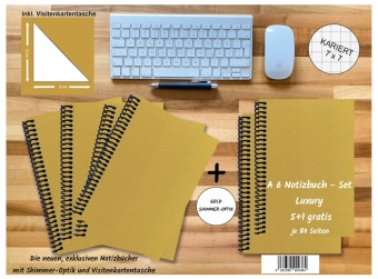 A 6 Notizbuch - Set, 4+2 gratis, Luxury 80 Seiten GOLD GMUND SHIMMER, kariert 7x7mm