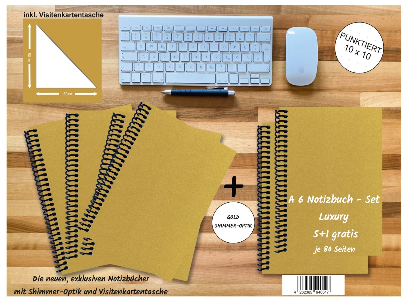 A 6 Notizbuch - Set, 4+2 gratis, Luxury 80 Seiten GOLD GMUND SHIMMER, punktiert 10x10mm main product photo