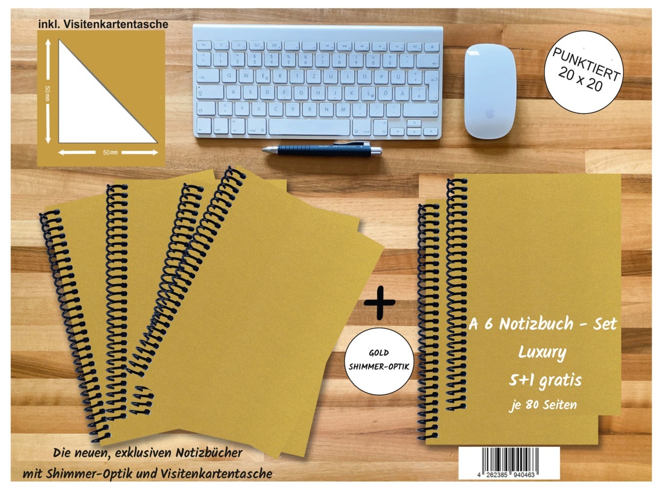 A 6 Notizbuch - Set, 4+2 gratis, Luxury 80 Seiten GOLD GMUND SHIMMER, punktiert 20x20mm main product photo