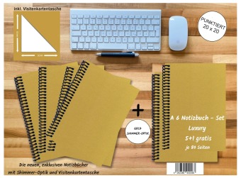 A 6 Notizbuch - Set, 4+2 gratis, Luxury 80 Seiten GOLD GMUND SHIMMER, punktiert 20x20mm