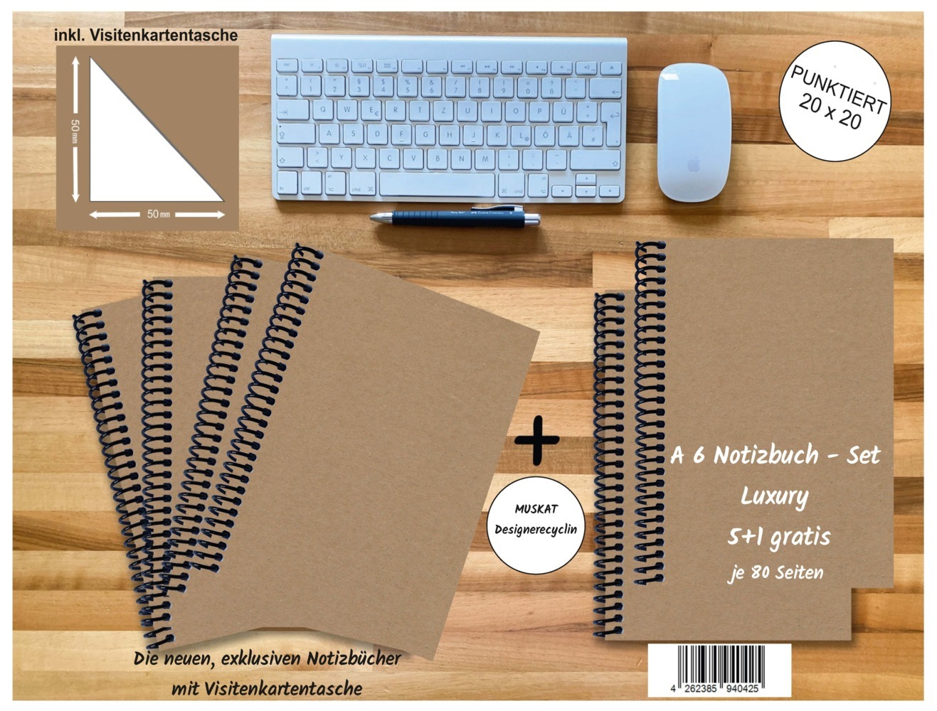 A 6 Notizbuch - Set, 4+2 gratis, Luxury 80 Seiten MUSKAT Designerecycling, punktiert 20x20mm main product photo