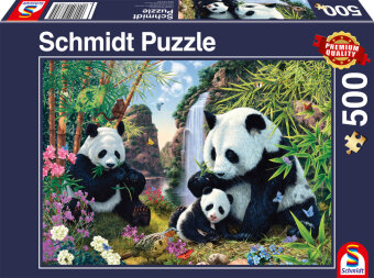 Pandafamilie am Wasserfall