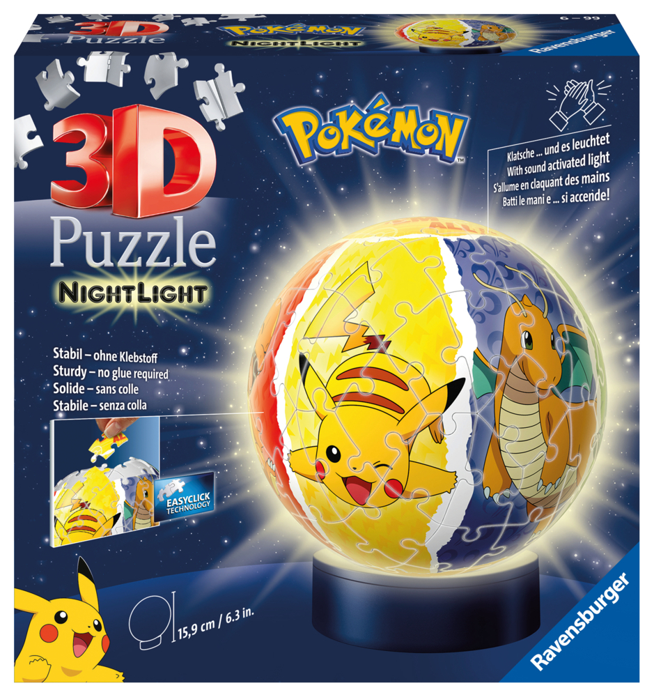 Ravensburger 3D Puzzle 11547 - Nachtlicht Puzzle-Ball Pokémon - 72 Teile - für Pokémon Fans ab 6 Jahren, LED Nachttischlampe mit Klatsch-Mechanismus main product photo