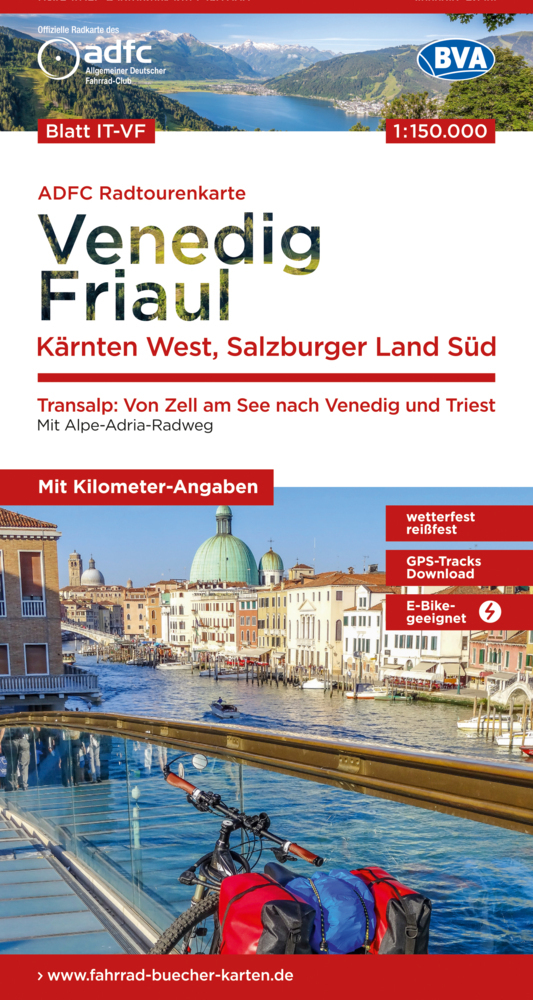 ADFC-Radtourenkarte IT-VF Venedig, Friaul - Kärnten West, Salzburger Land Süd, 150.000, reiß- und wetterfest, E-Bike geeignet, GPS-Tracks Download, mit Bett+Bike Symbolen, mit Kilometer-Angaben main product photo