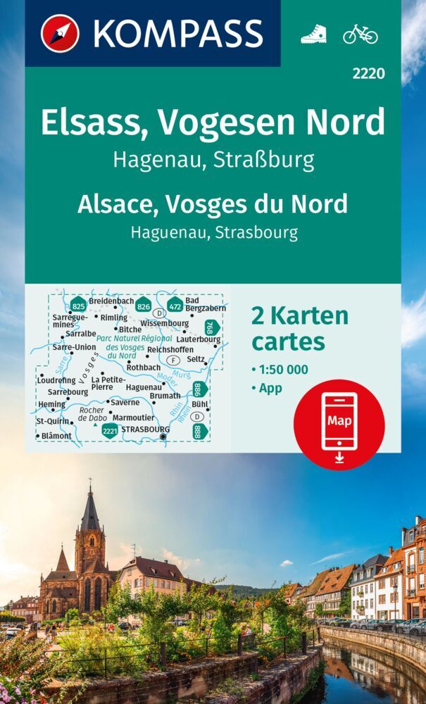 KOMPASS Wanderkarten-Set 2220 Elsass, Vogesen Nord, Hagenau, Straßburg / Alsace, Vosges du Nord, Haguenau, Strasbourg (2 Karten) 1:50.000 main product photo