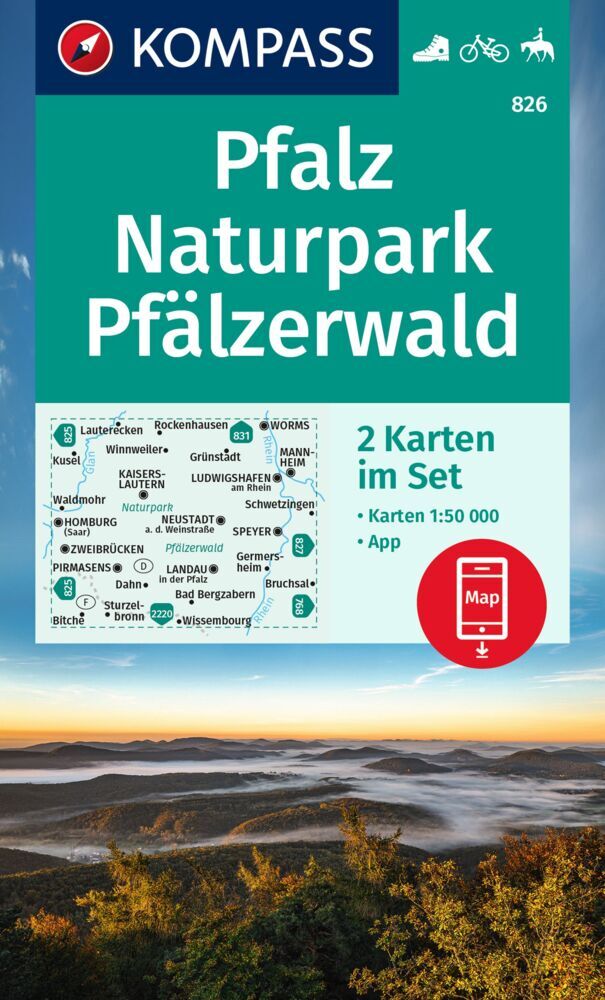 KOMPASS Wanderkarten-Set 826 Pfalz, Naturpark Pfälzerwald (2 Karten) 1:50.000 main product photo
