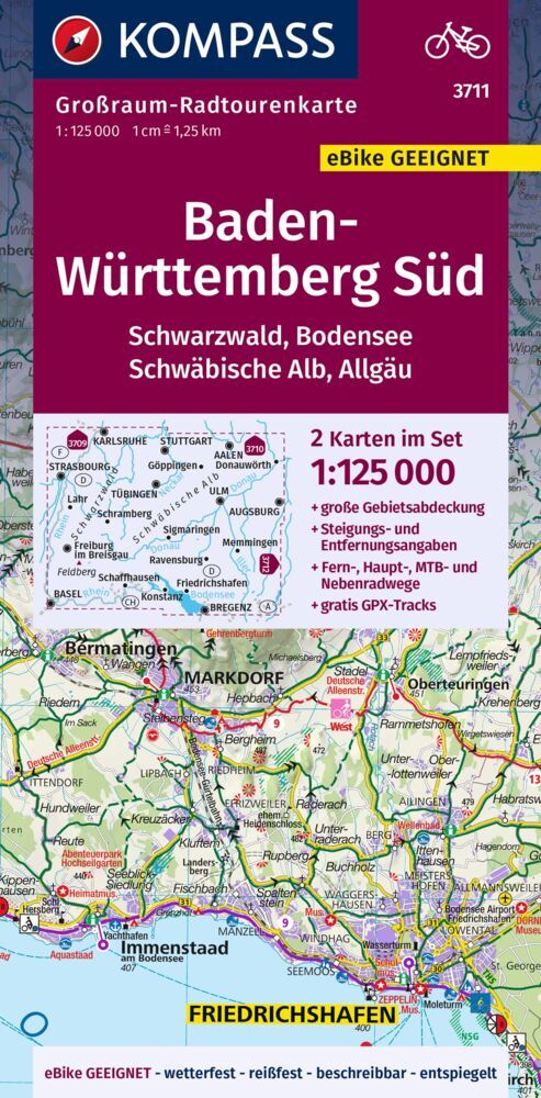 KOMPASS Großraum-Radtourenkarte 3711 Baden-Württemberg Süd, Schwarzwald, Bodensee, Schwäbische Alb, Allgäu, 1:125.000 main product photo