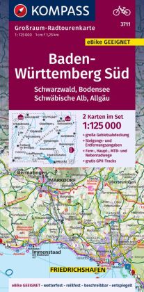 KOMPASS Großraum-Radtourenkarte 3711 Baden-Württemberg Süd, Schwarzwald, Bodensee, Schwäbische Alb, Allgäu, 1:125.000