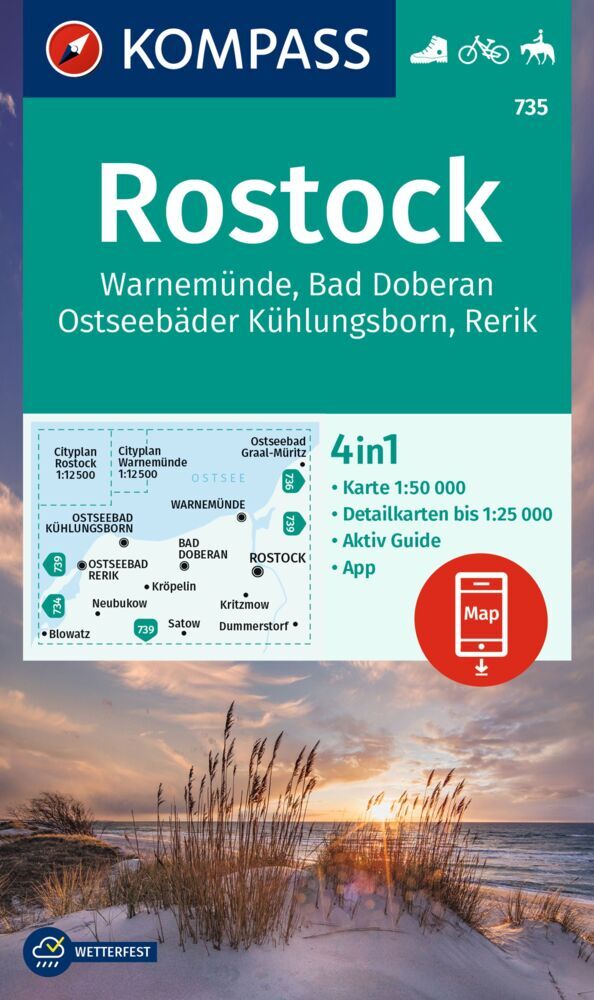KOMPASS Wanderkarte 735 Rostock, Warnemünde, Bad Doberan, Ostseebäder Kühlungsborn, Rerik 1:50.000 main product photo