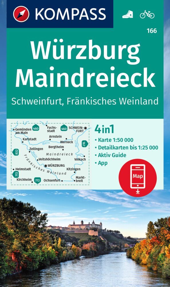 KOMPASS Wanderkarte 166 Würzburg, Maindreieck, Schweinfurt, Fränkisches Weinland 1:50.000 main product photo